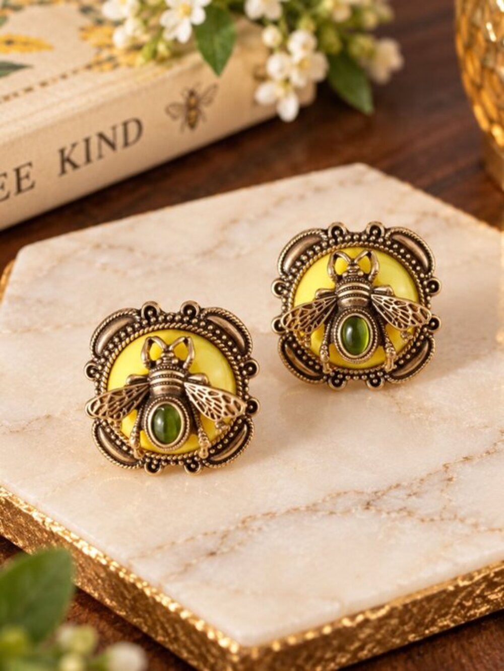Gold & Yellow Bee Stud Earrings Vintage-Inspired Green Accent NWT